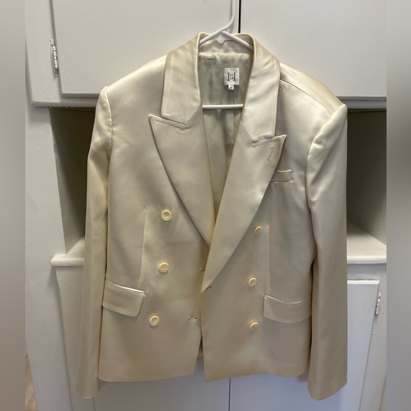Helsa REVOLVE Heavy Satin Double Breasted Jacket in Ivory Bone - Picture 6 of 9